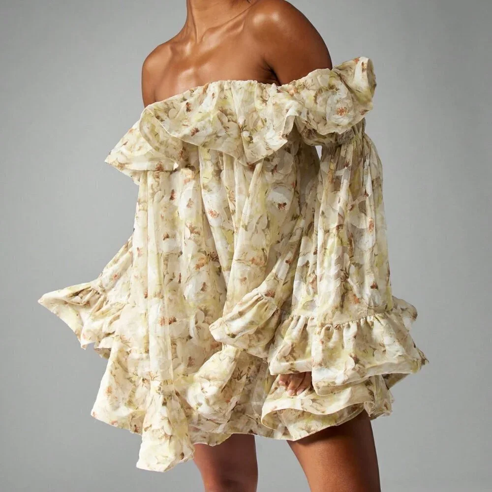 Yellow Boho Women's Chiffon Off Shoulder Floral Ruffle Bell Sleeve Mini Dress - Picture 1 of 6